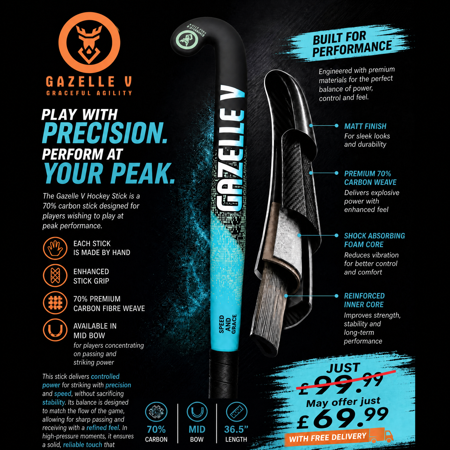 Gazelle V Hockey Stick 70% Carbon. Hand Made