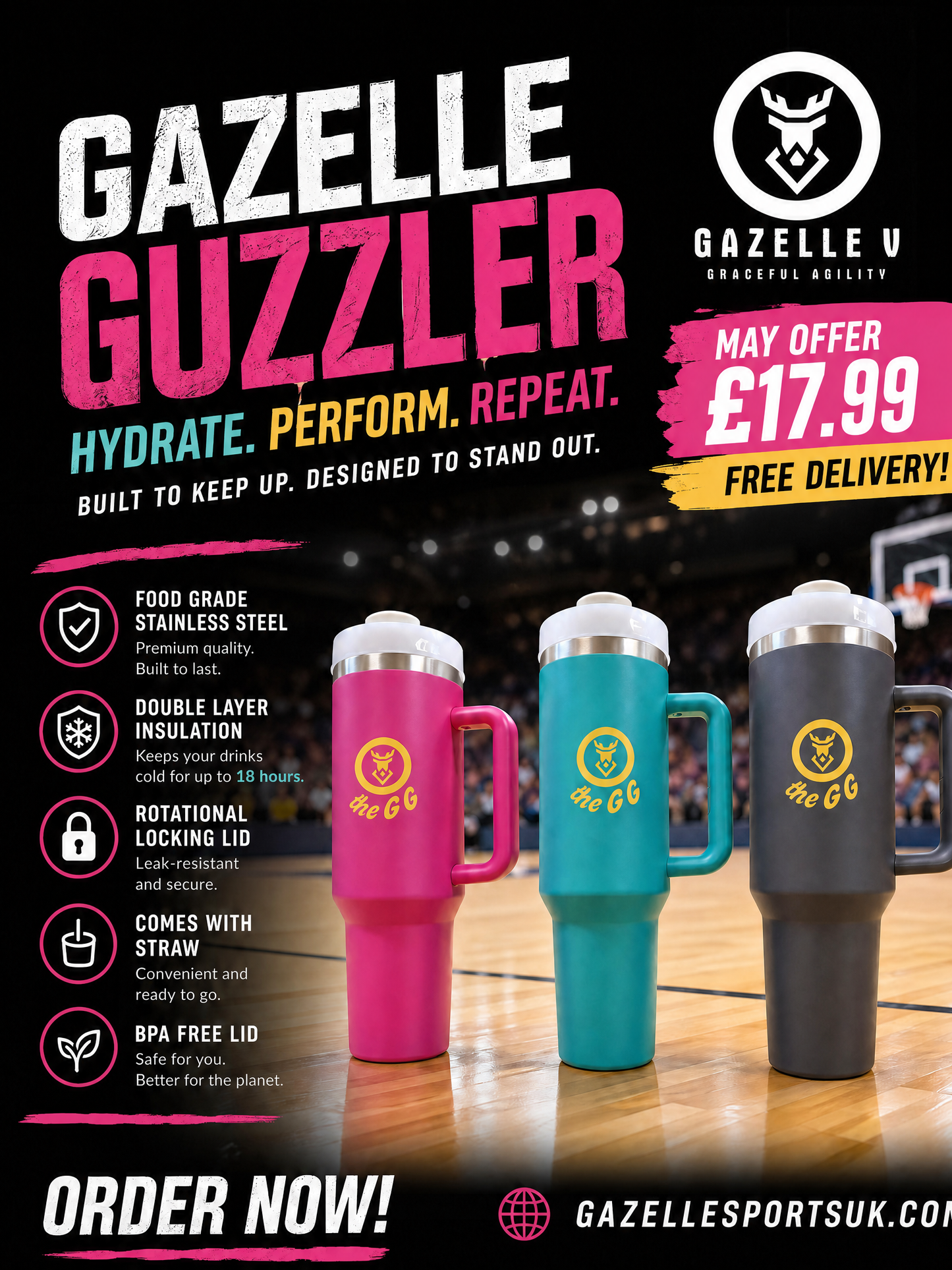 'GG Guzzling Gazelle' Stainless Steel 1.1 litre Sport Cup