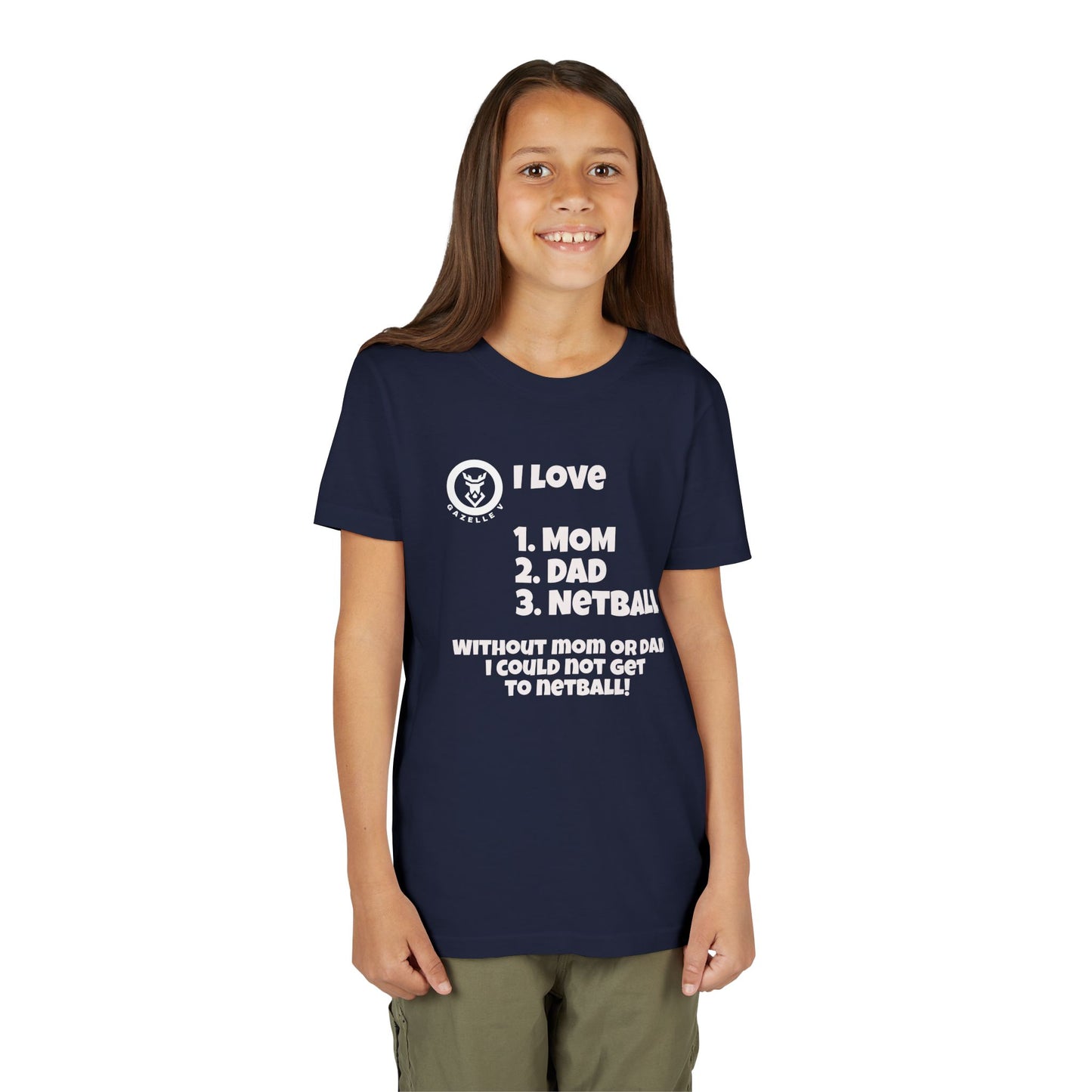 Gazelle V "I love 1. mom 2. dad 3. netball" t-shirt - FREE DELIVERY