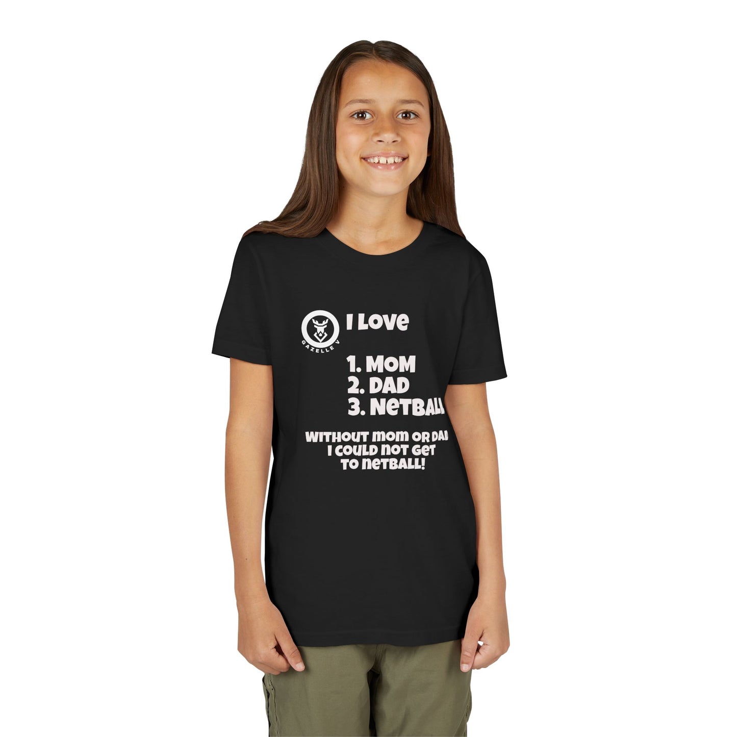 Gazelle V "I love 1. mom 2. dad 3. netball" t-shirt - FREE DELIVERY
