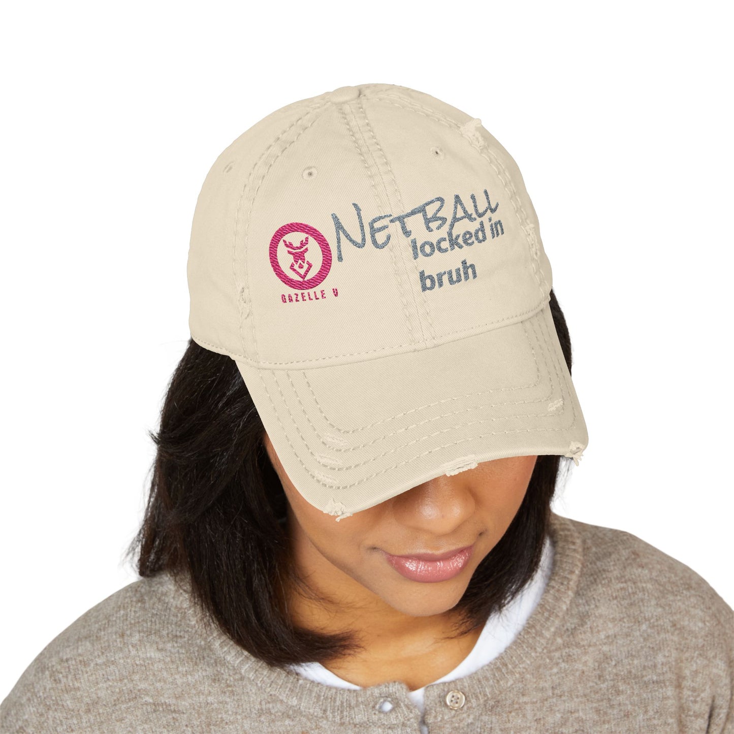 Gazelle 'Netball locked in bruh' Embroidered Distressed Baseball Cap