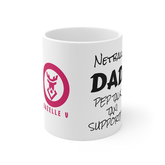Gazelle 'Netball DAD - Pep Talk, Taxi, Supporter' coffee mug