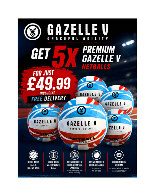 Gazelle V Ultra Grip Netball Team Offer. Get Five Netballs