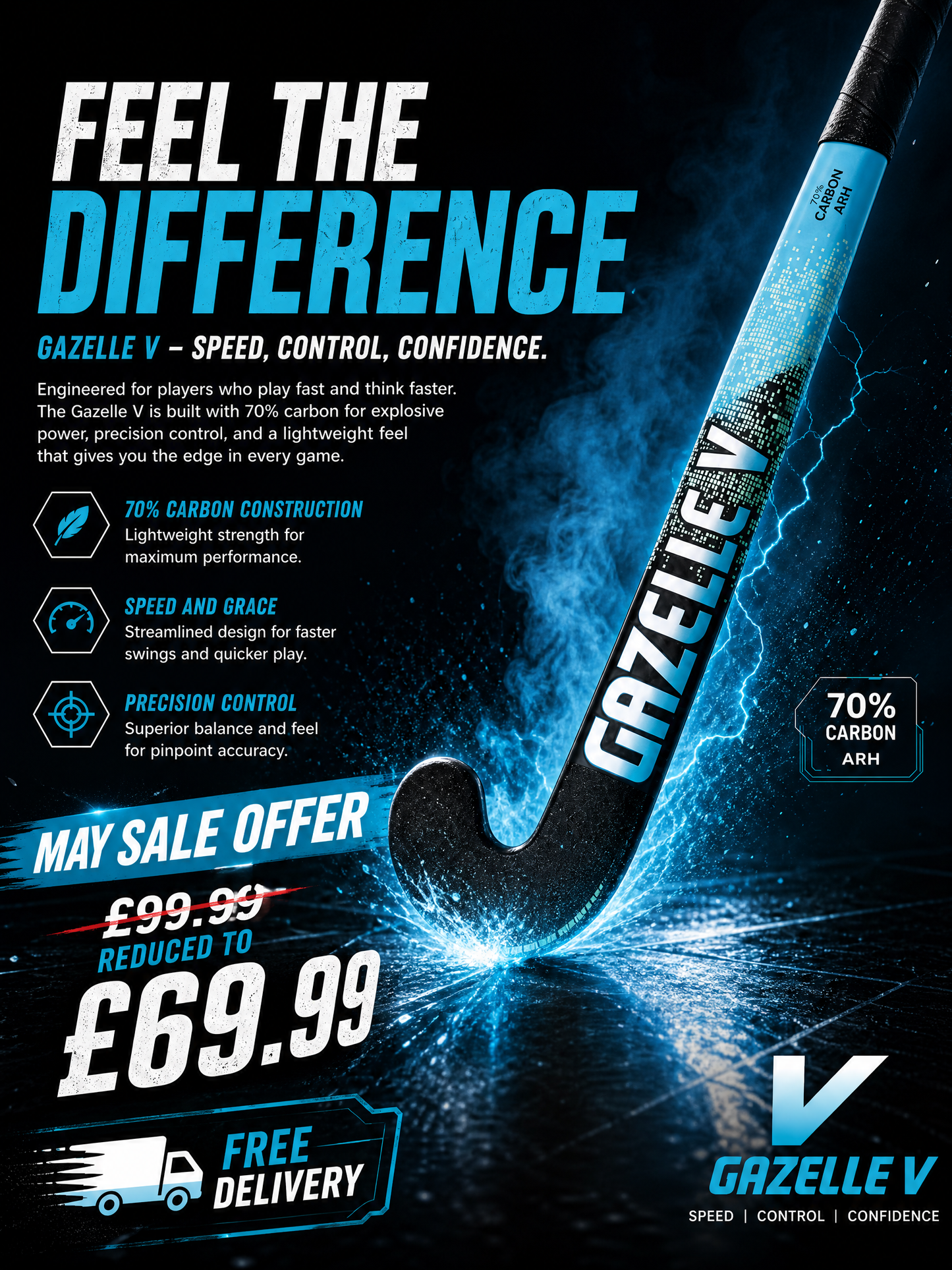 Gazelle V Hockey Stick 70% Carbon. Hand Made